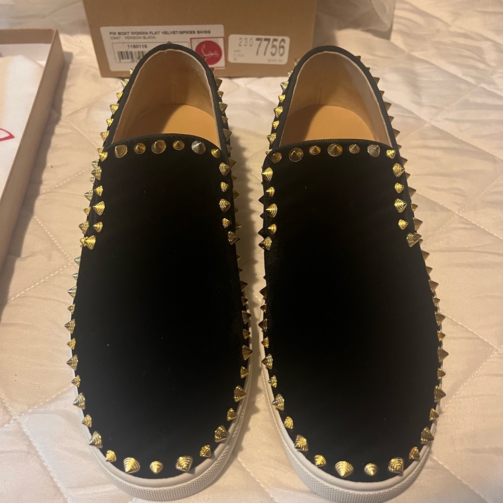 Christian Louboutin Black Velvet Spiked Flats